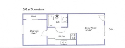 Floor plan for 1 bed, 1 bath, 608 sqft